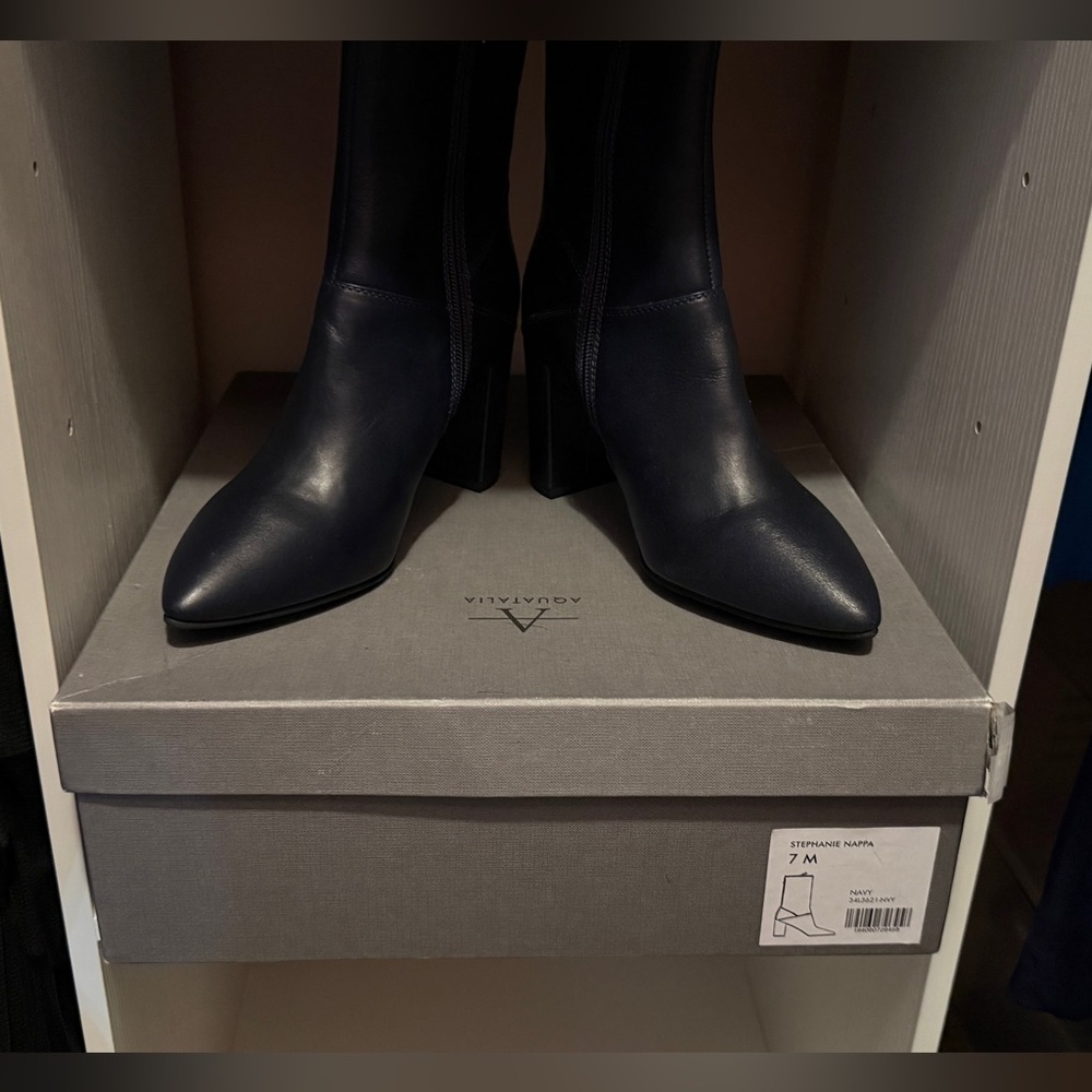 Aquatalia Navy Pointed-Toe Leather Heeled Boots